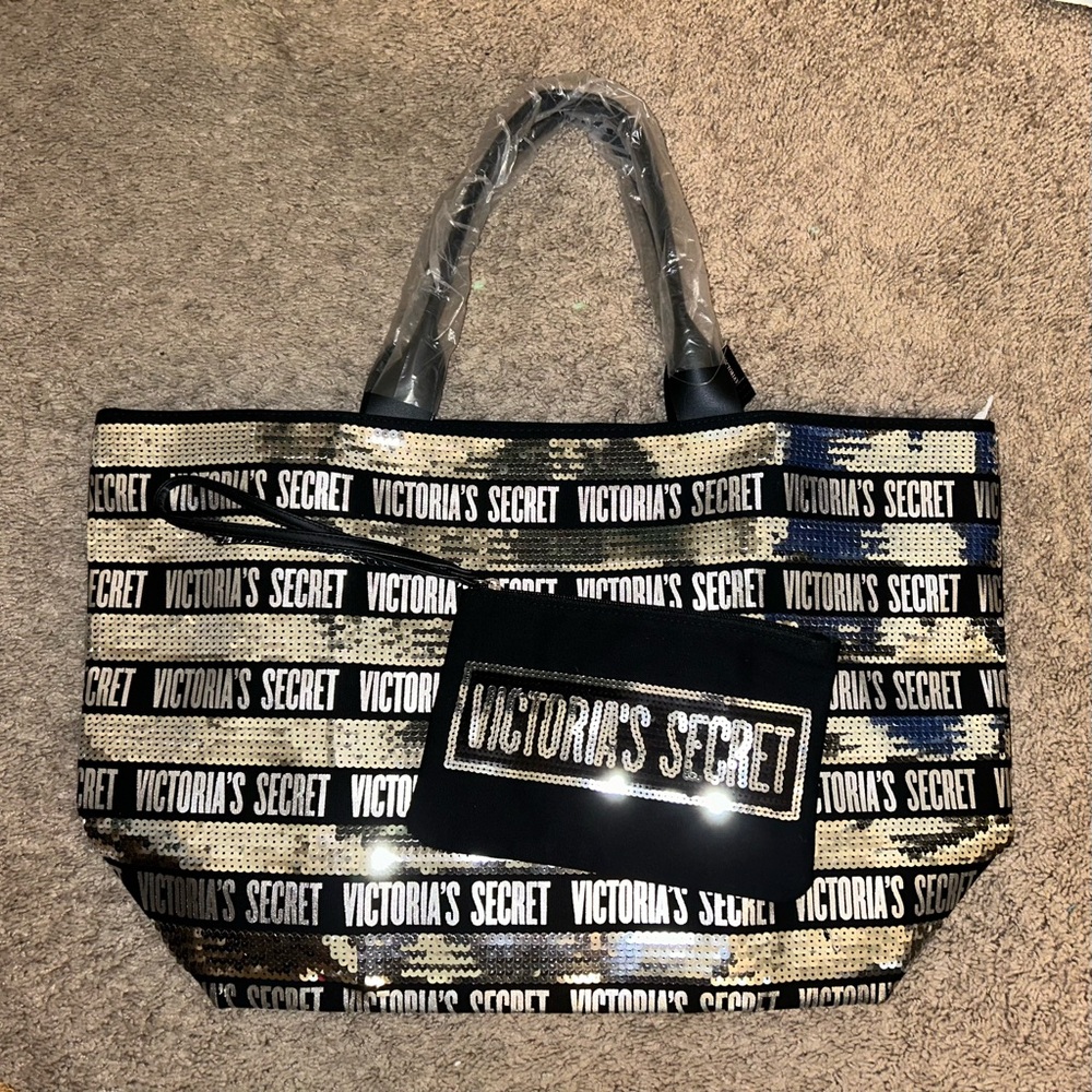 Victoria Secret New Silver Black Sequin Zipper Tote Bag with Wristlet